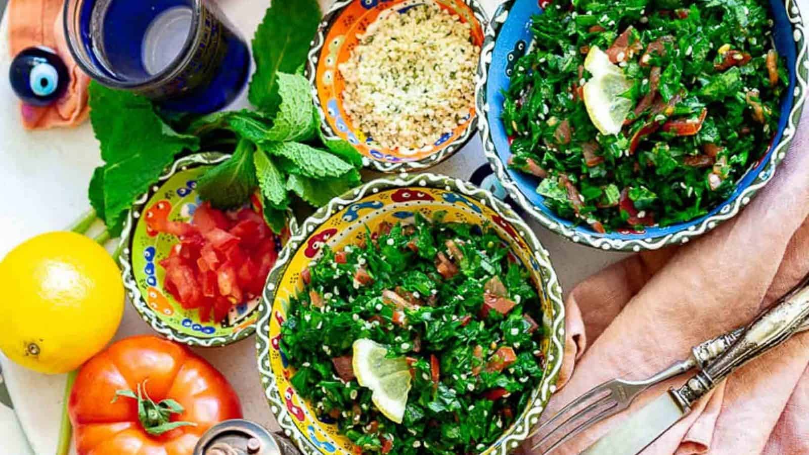 Tabbouleh Salad inside colorful bowls.