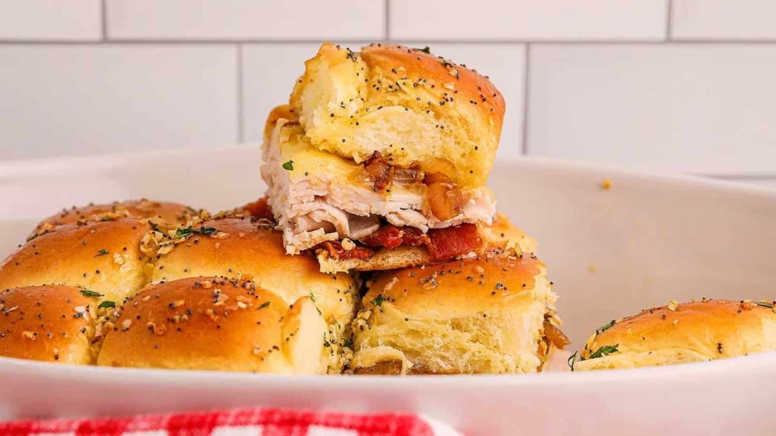 Close-up image of maple bacon turkey sliders in a plate.