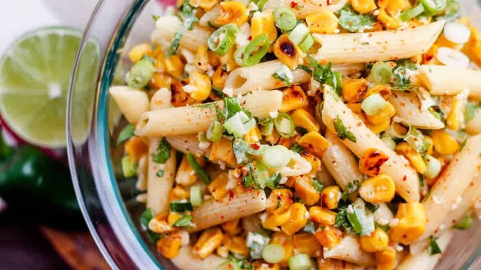 A bowl of Mexican Street Corn Pasta Salad.
