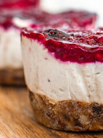 A close-up image of mini vegan cheesecakes.