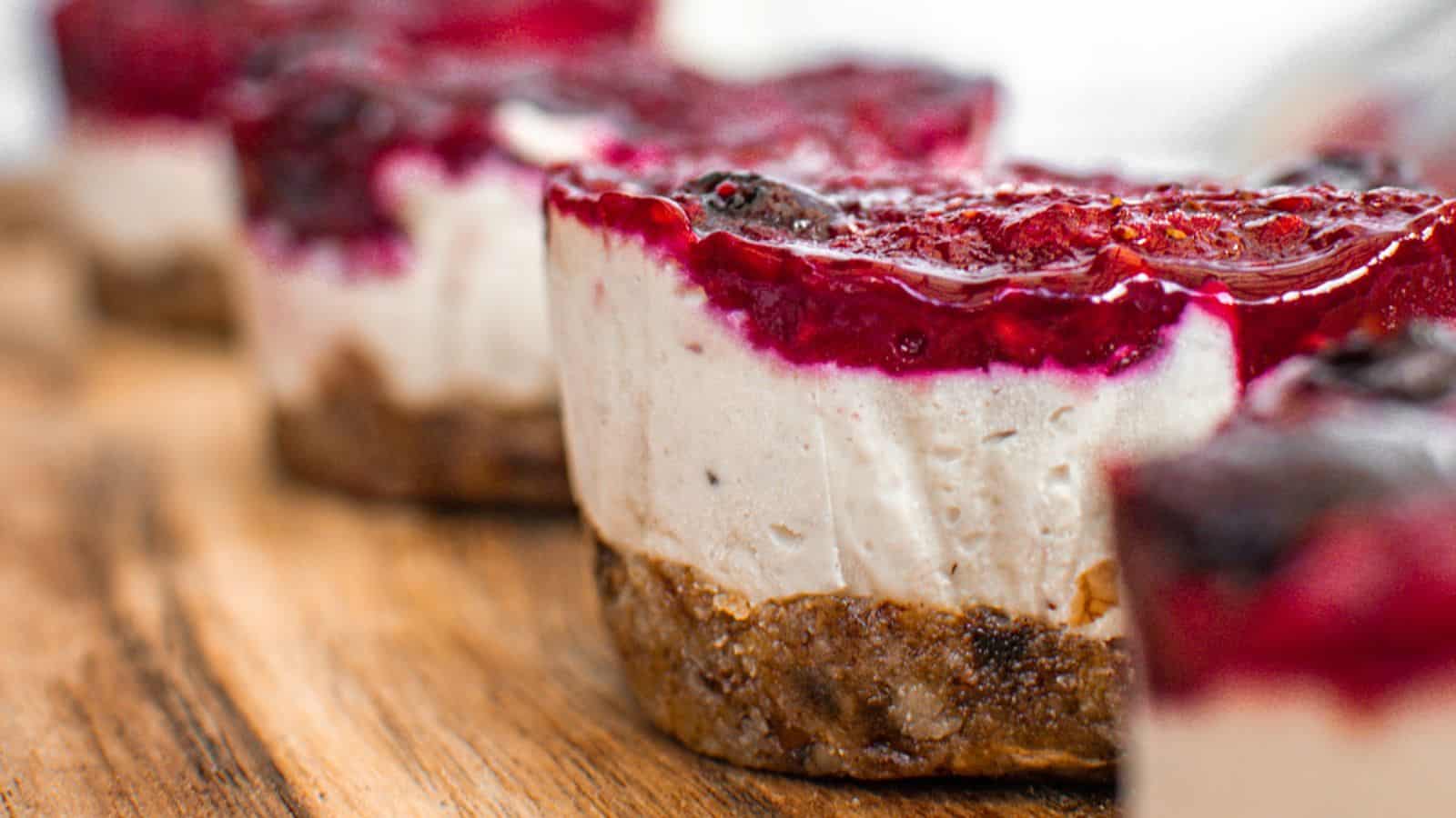 A close-up image of mini vegan cheesecakes.