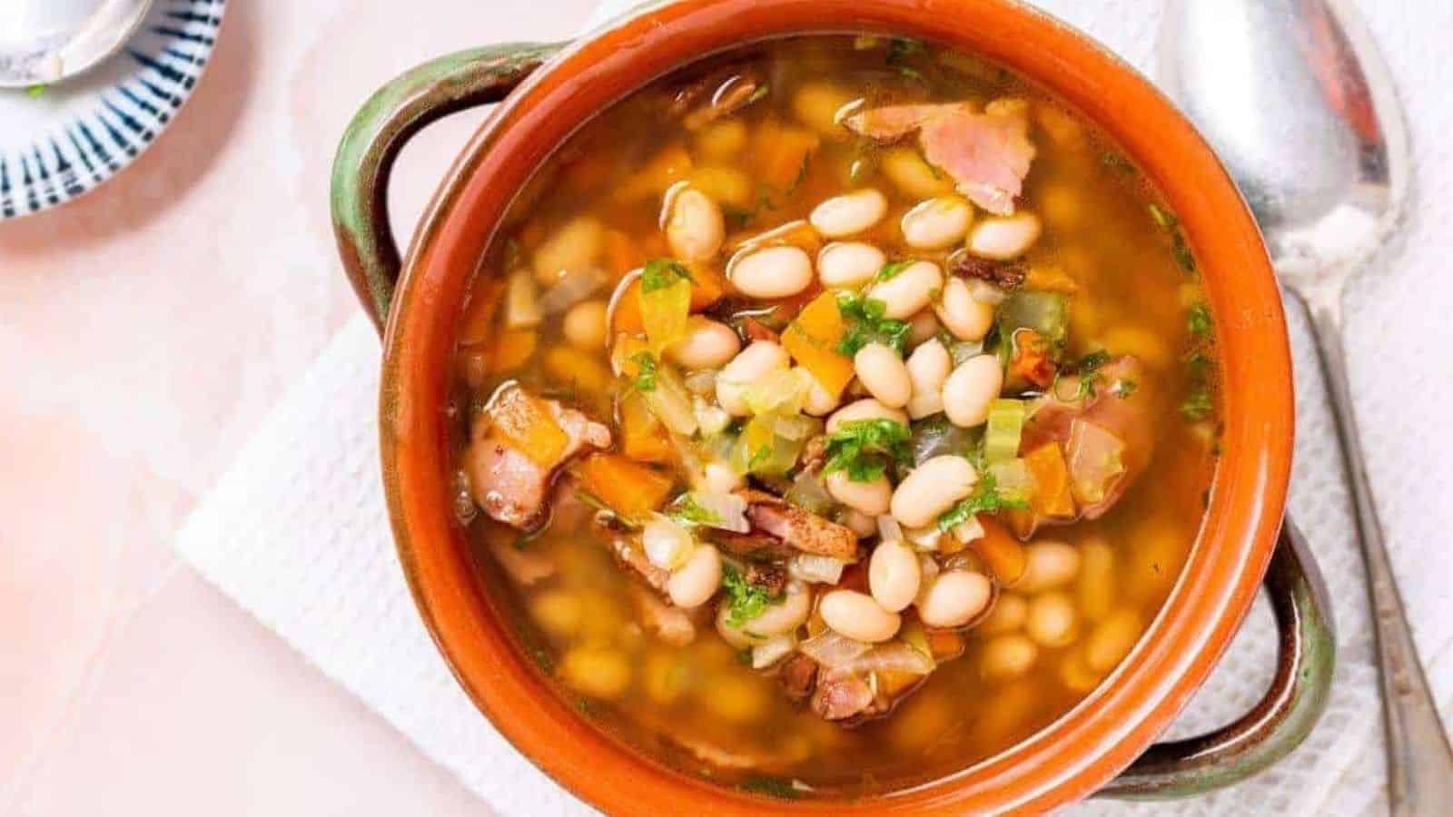 Navy Bean and Ham Soup in a serving crock.