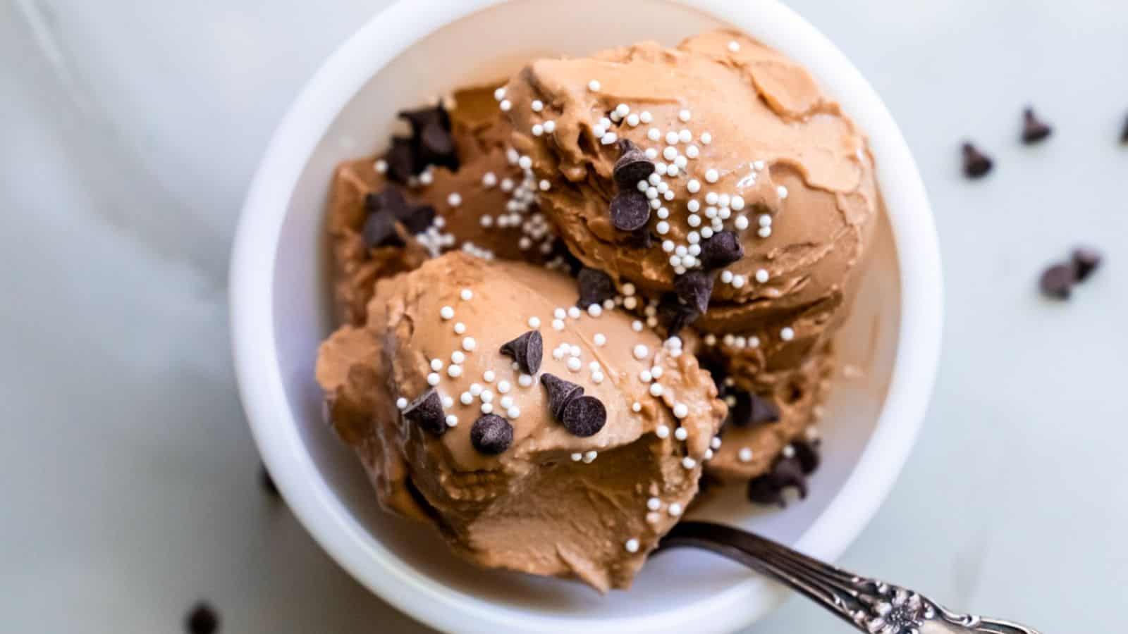 A bowl of Ninja Creami chocolate ice cream with cottage cheese.