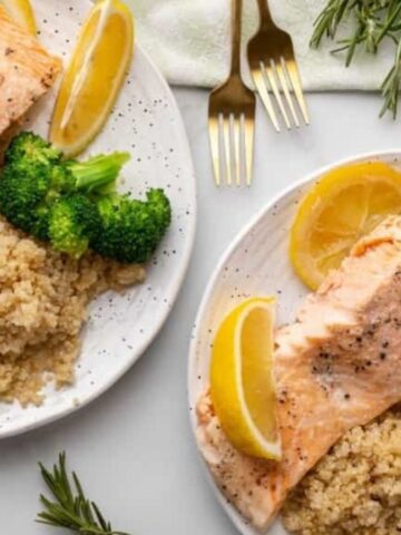 Top view of 2 plates with ninja food salmon with lemon slices, broccoli, and rice.