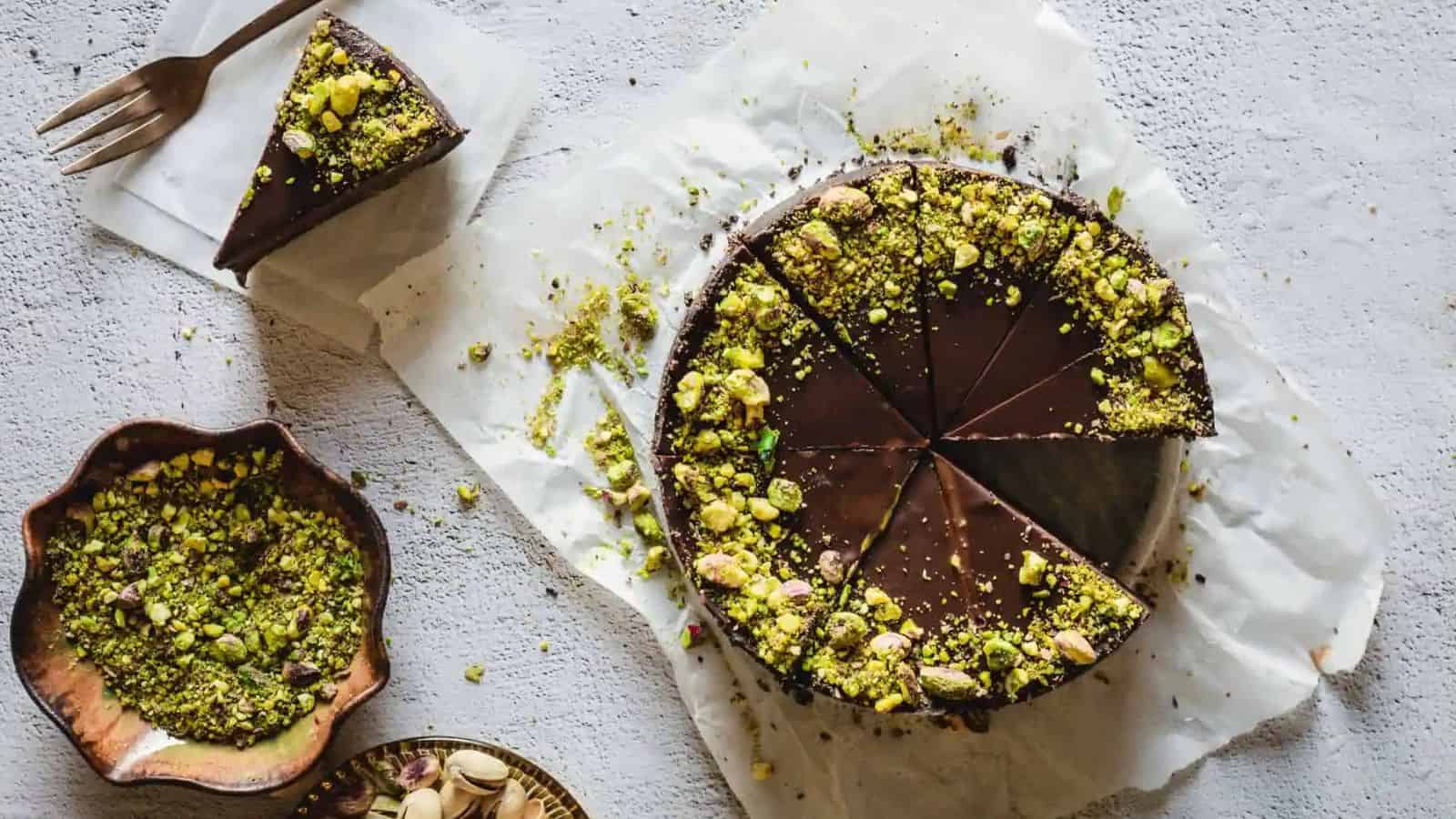 Slices of chocolate pistachio cake.