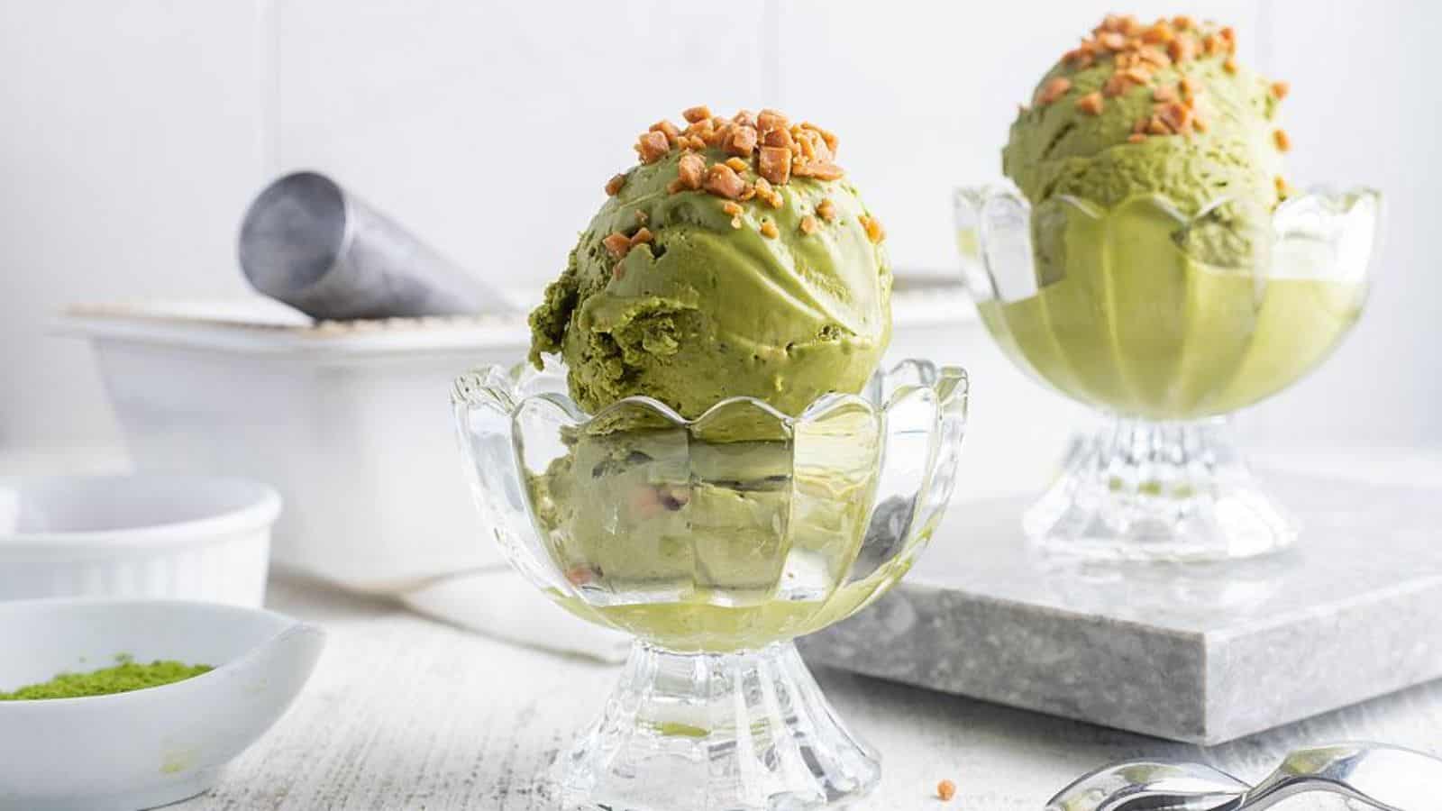 Two glasses of no churn Matcha Dulce de Leche ice cream.