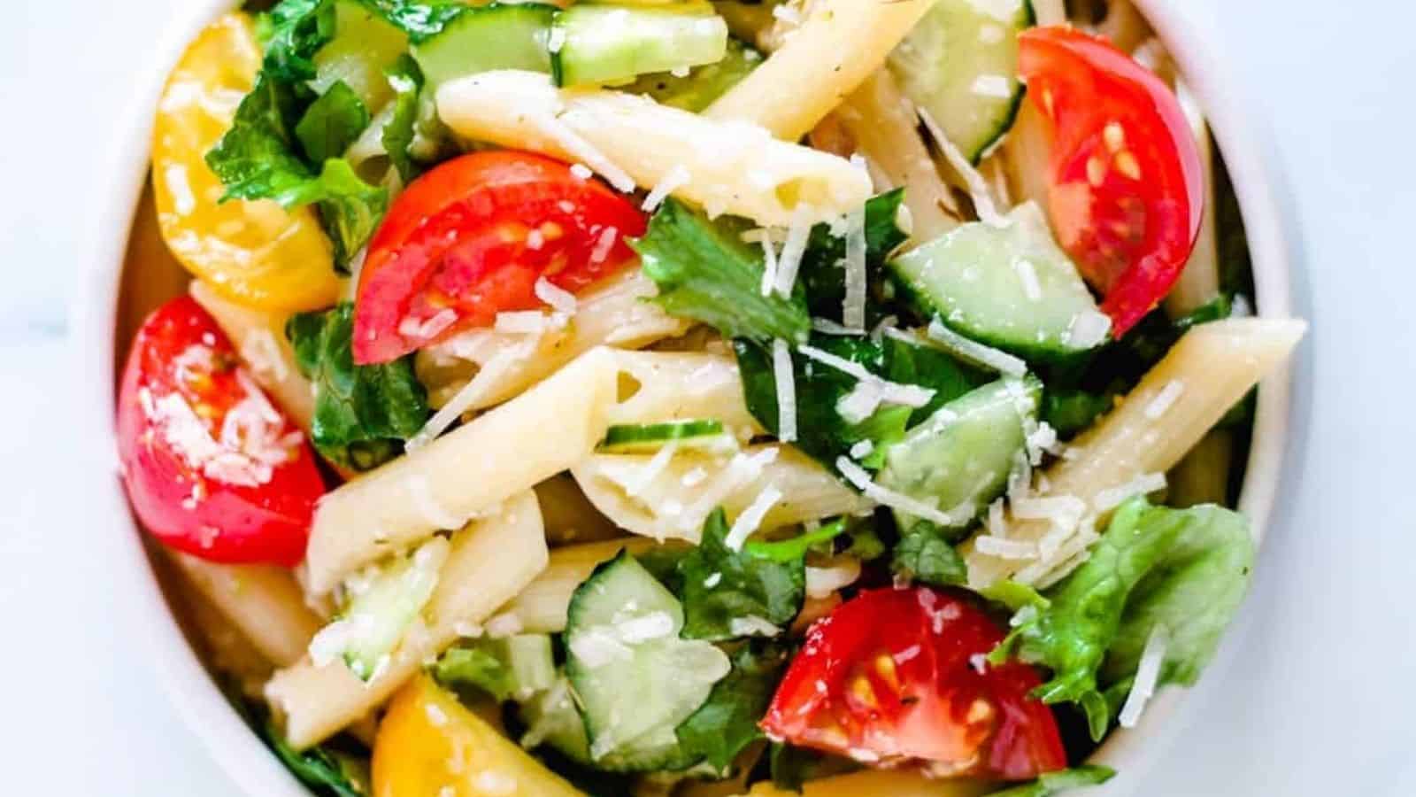 Overhead image of a pasta salad without mayo.