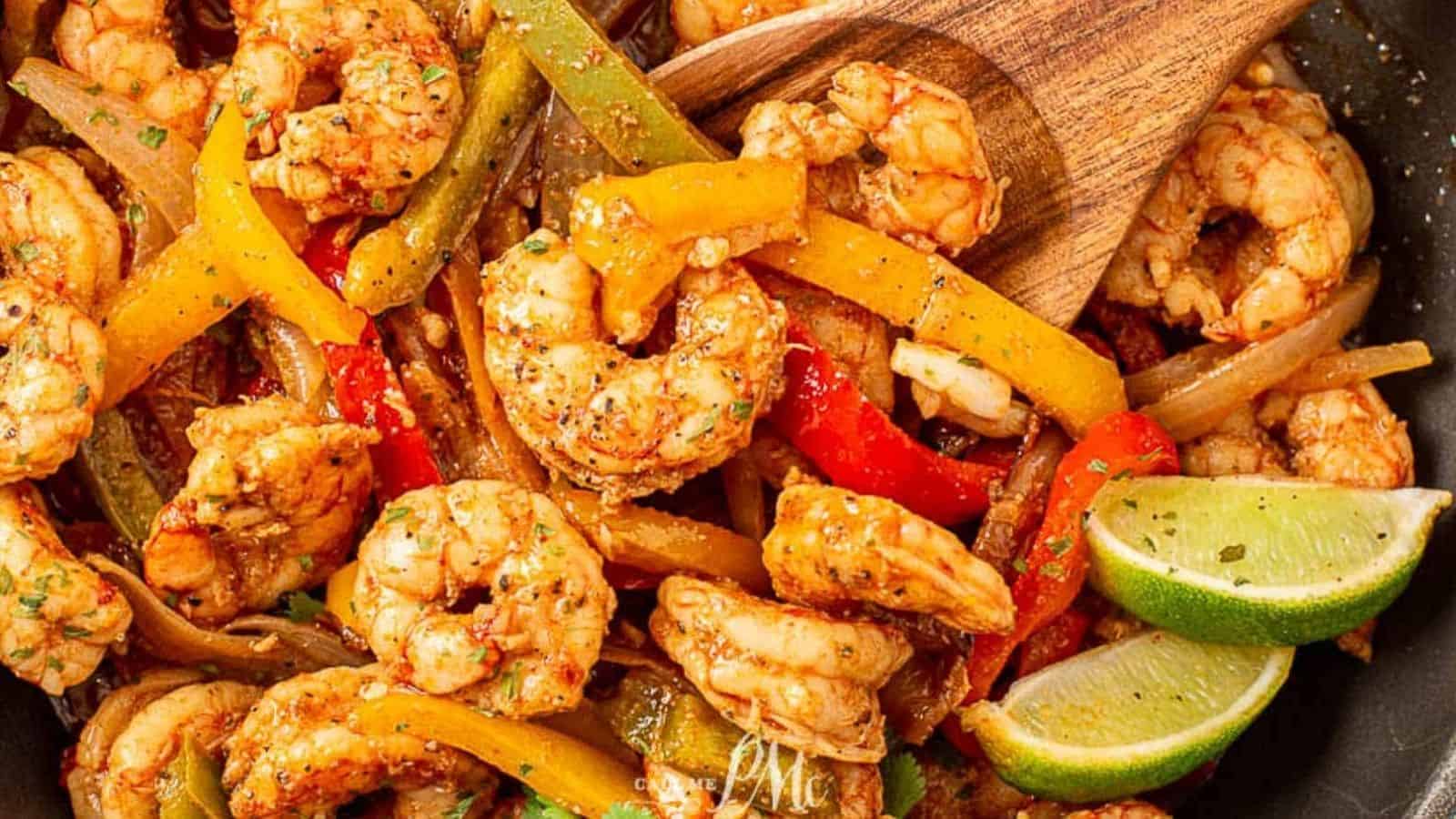 Shrimp and peppers in a skillet with serving spoon.