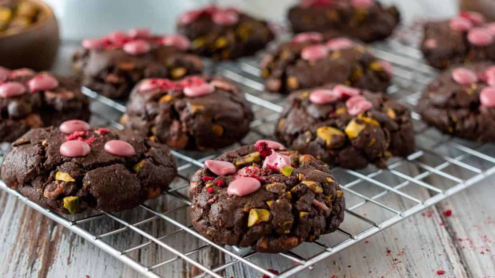 Ruby chocolate chip cookies on a cooling rack.