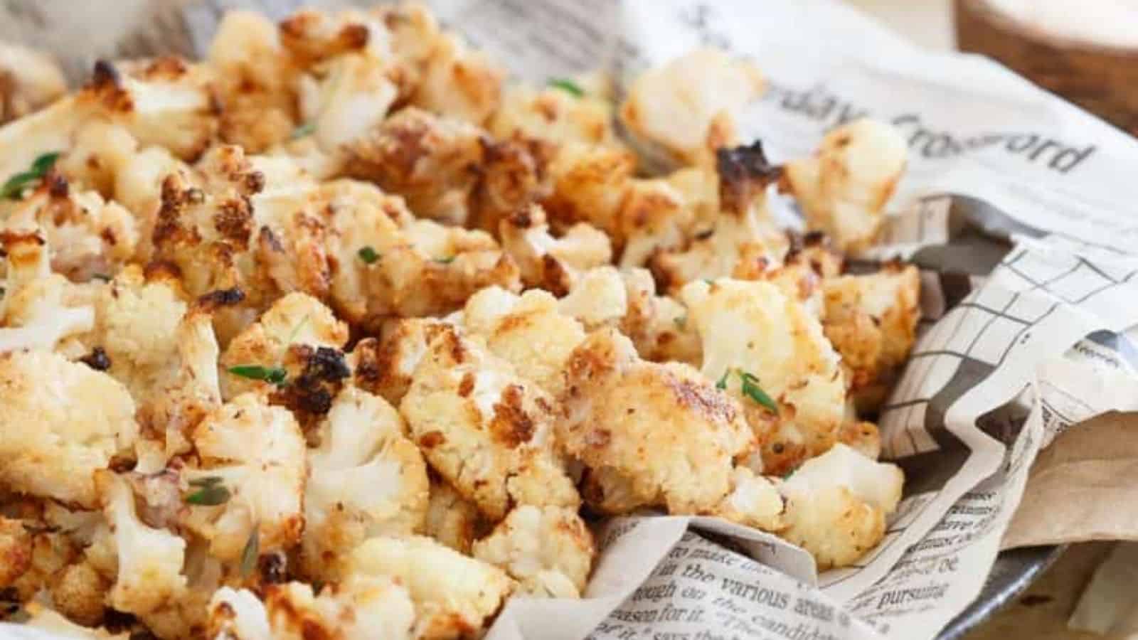 Close-up image of salt and vinegar popcorn cauliflower on top of newspaper.