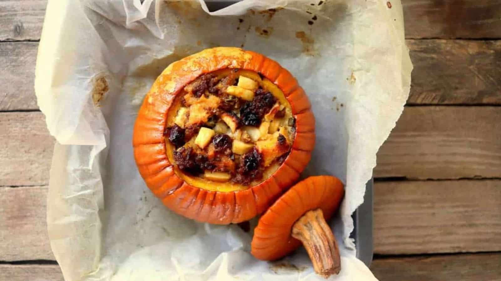 A pumpkin stuffed and bakked in a pan.