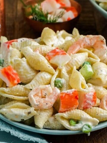 A plate of Seafood Pasta Salad.