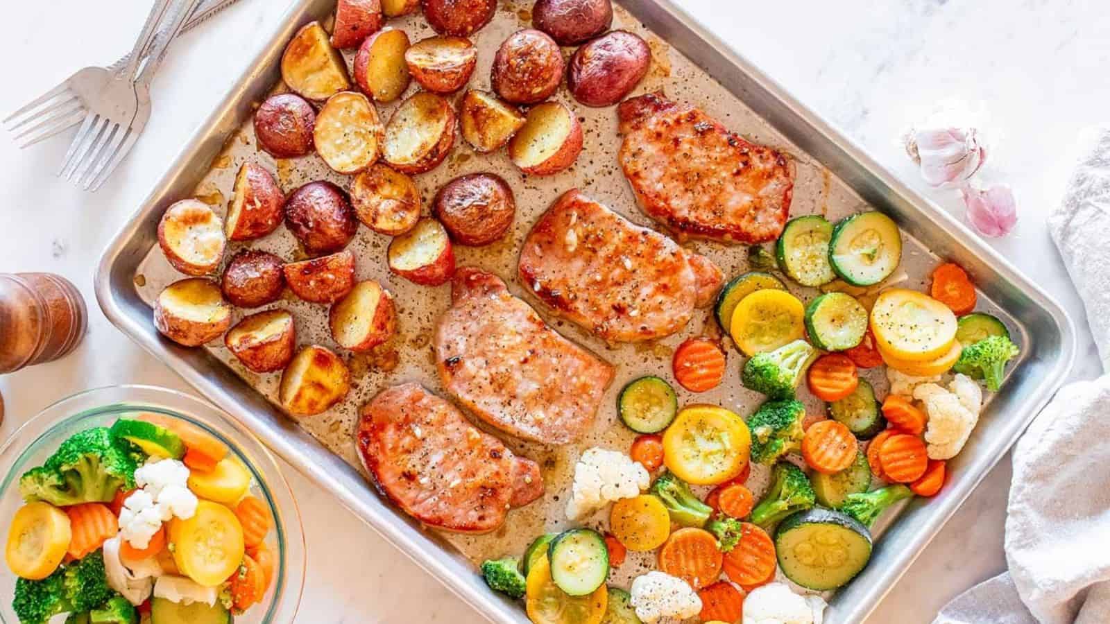 An image of sheet pan honey garlic pork chops.