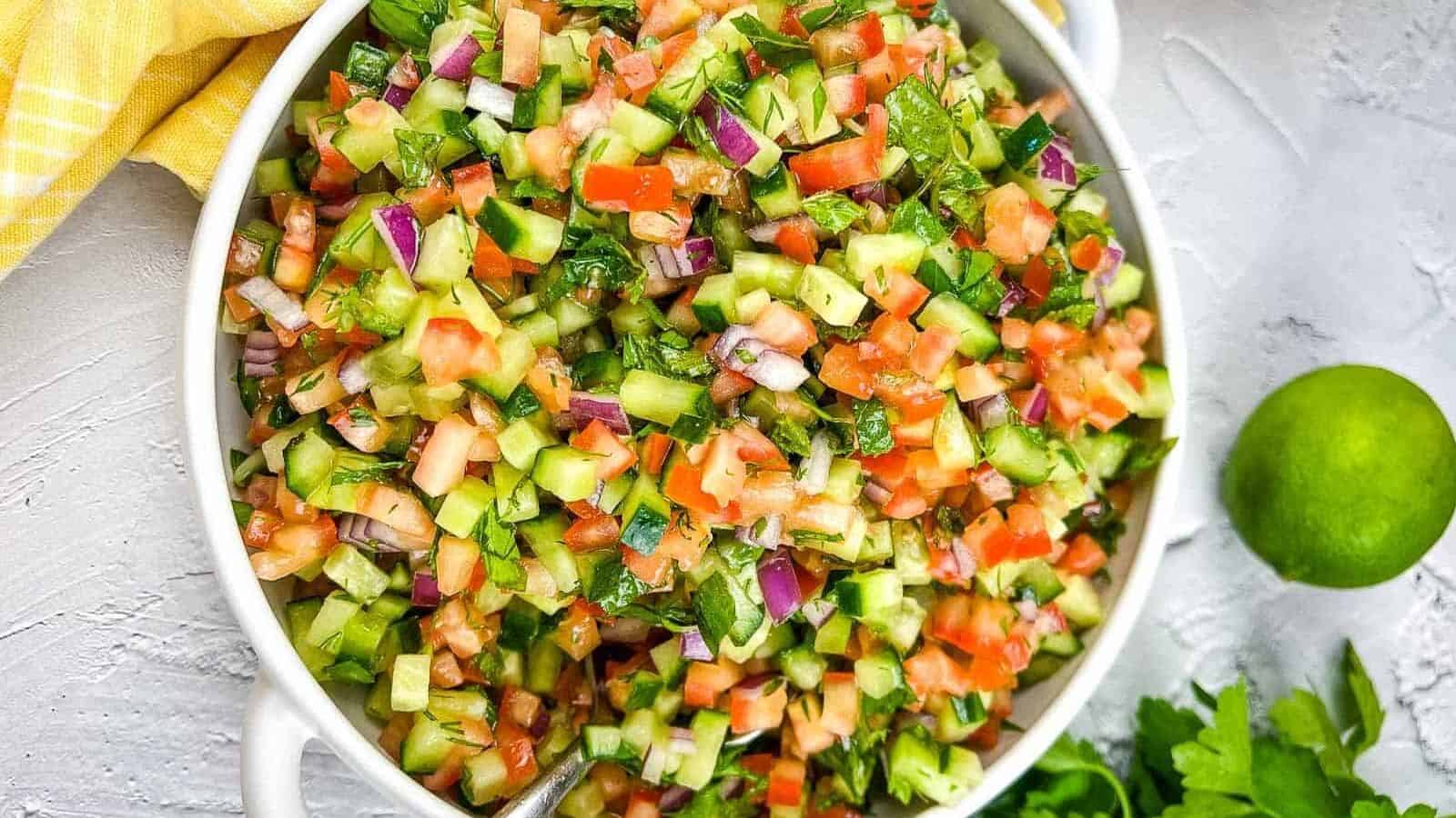 Shirazi Salad in a white serving bowl.