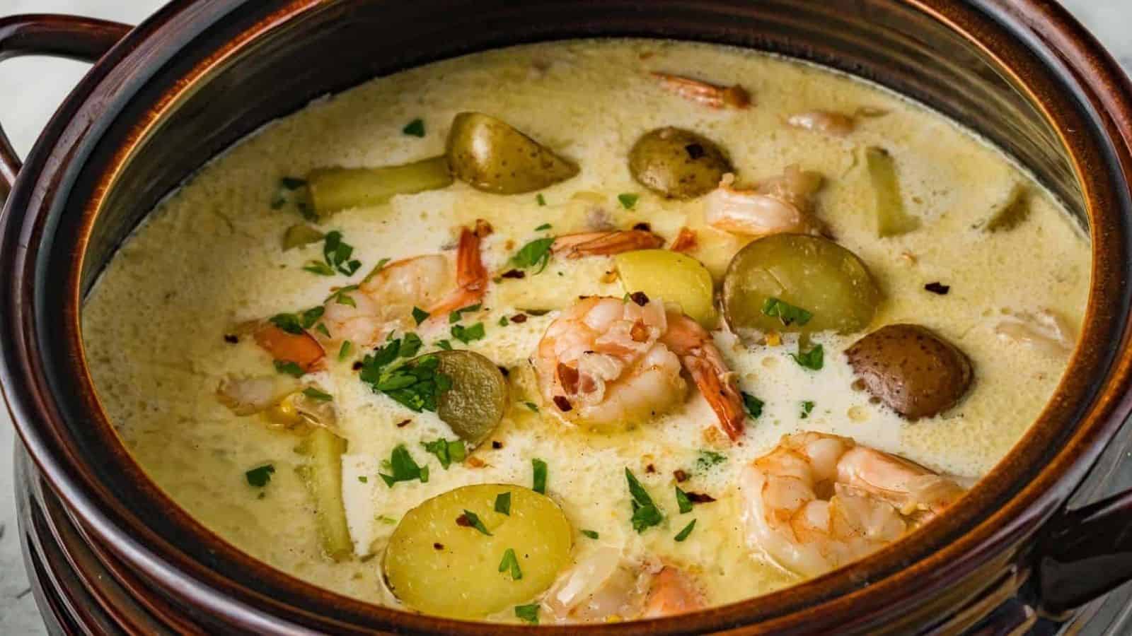 Shrimp and Potato Chowder in a large crock.