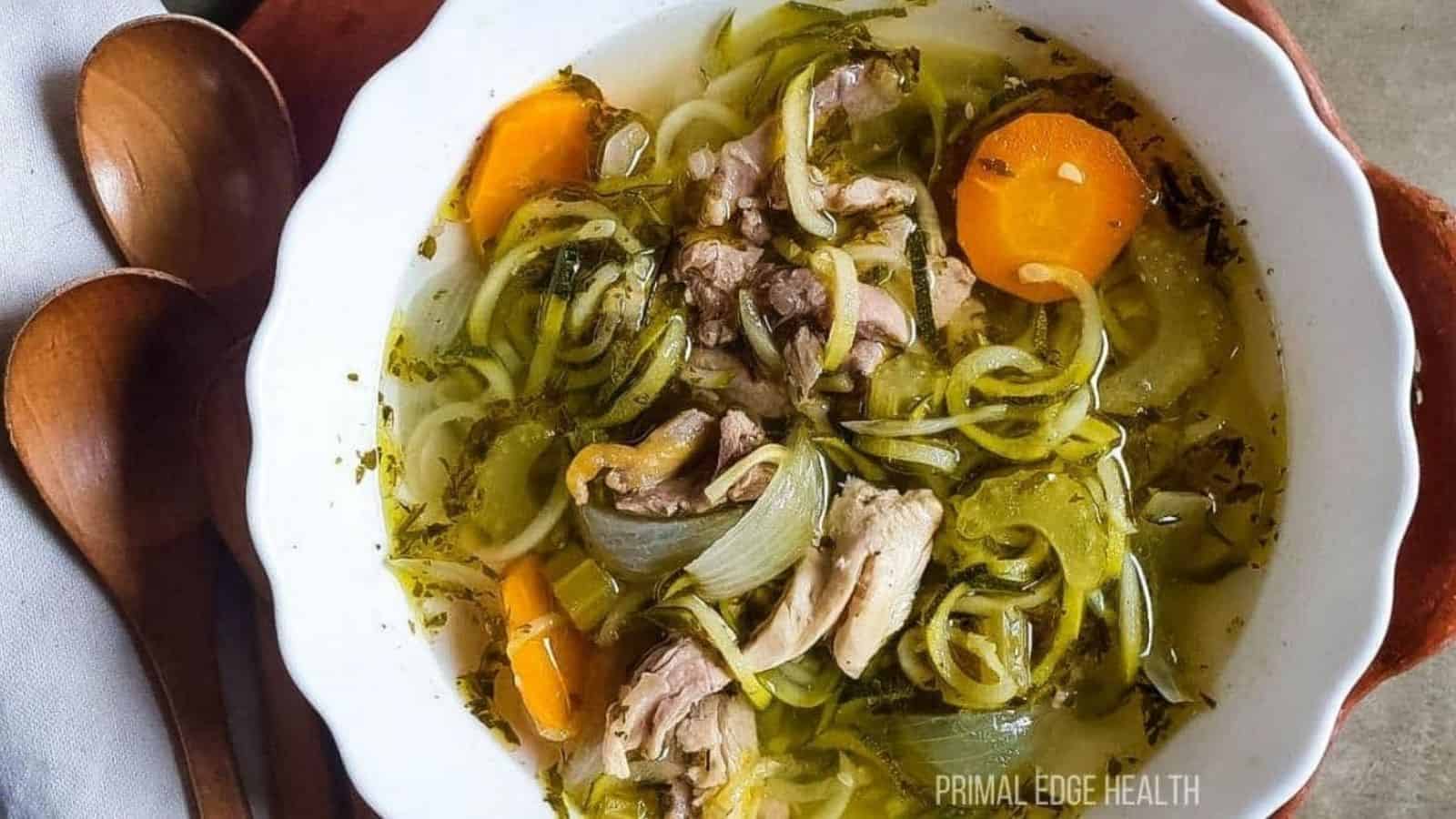 A bowl of slow cooker Chicken Noodle Soup.