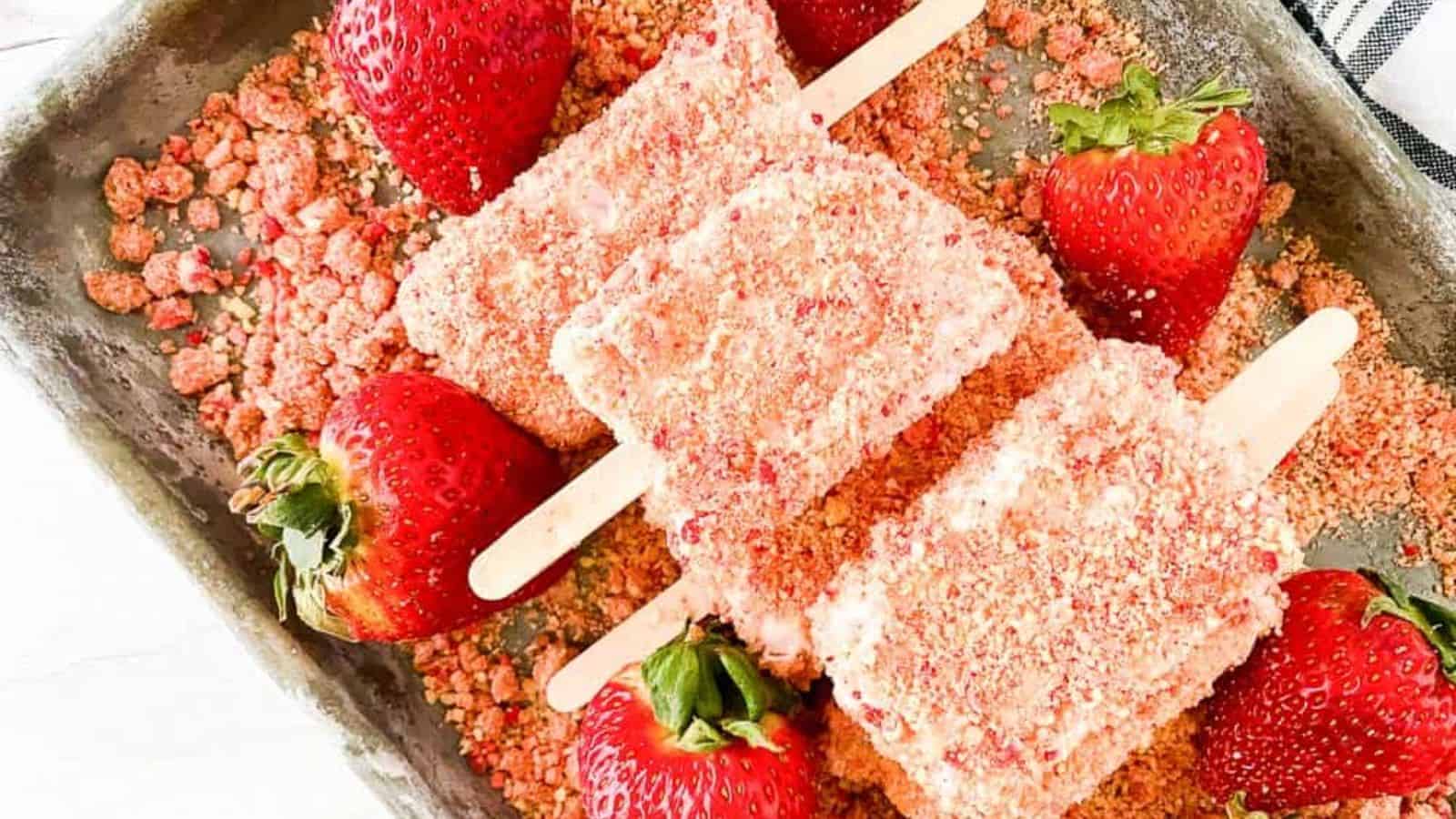 Strawberry crunch ice cream bars with fresh strawberries.