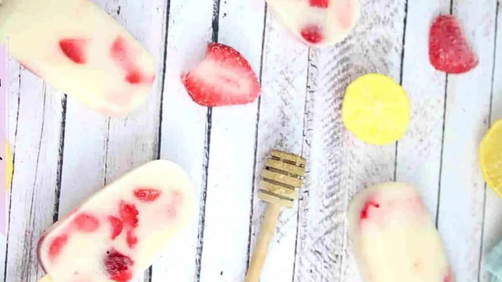 Protein popsicles with strawberries in a white silicone mold with berries, lemon, and honey around them.