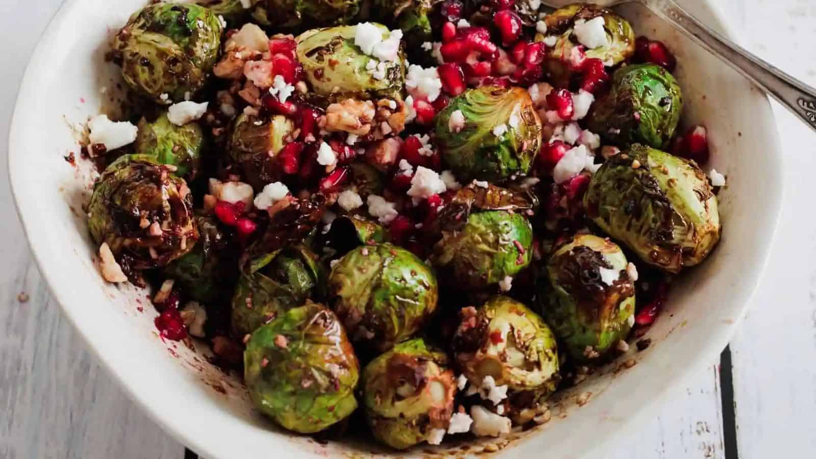 Roasted brussels sprouts with pomegranate and goat cheese.