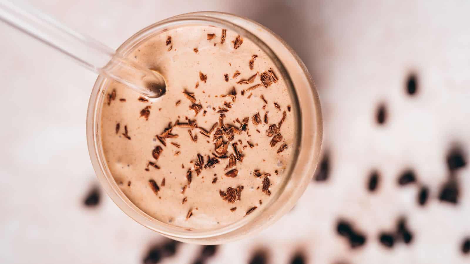 A glass of tahini chip cold brew shake.