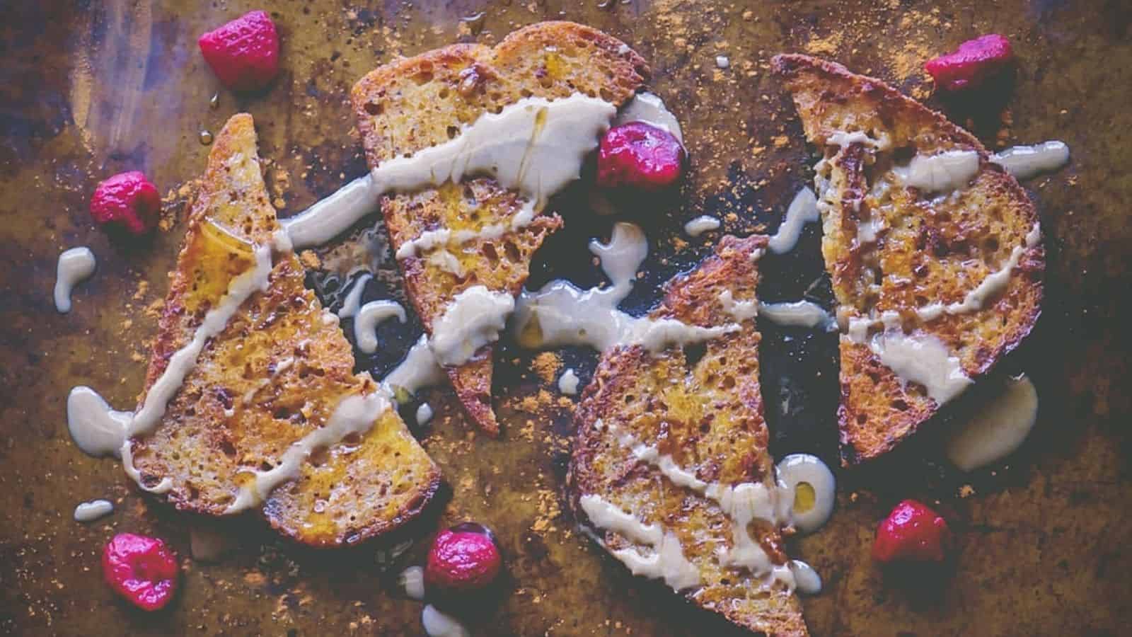 Overhead image of tahini french toast in a wooden surface.