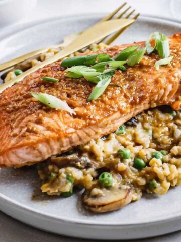 A plate of teriyaki glazed salmon risotto.