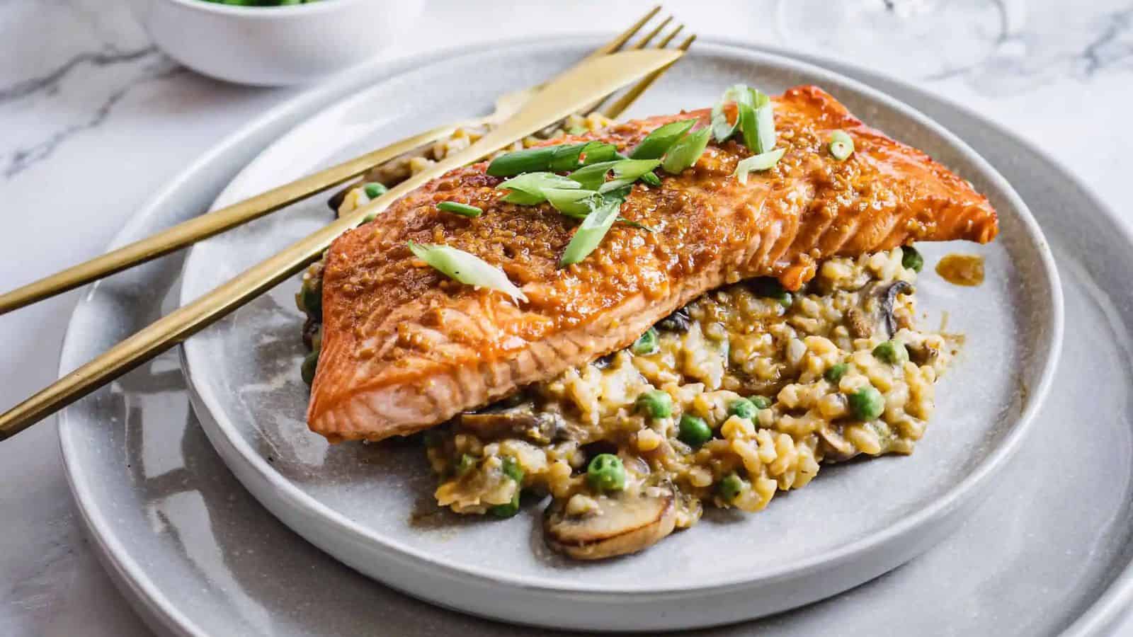 This image has an empty alt attribute; its file name is Teriyaki-Glazed-Salmon-Risotto.jpg