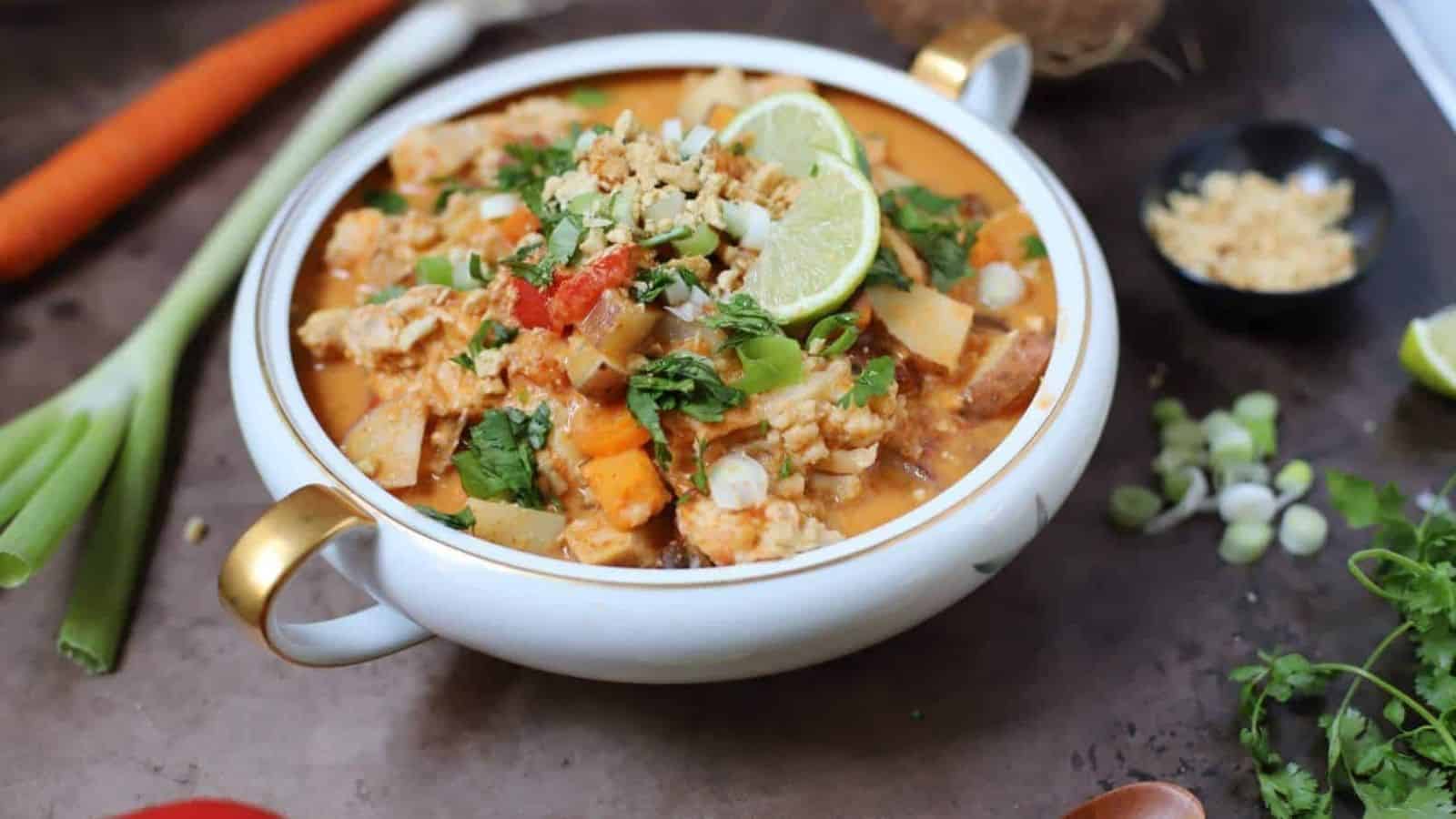 Thai chicken curry in a white bamboo bowl with a coconut and other fresh ingredients around it on a slate table.