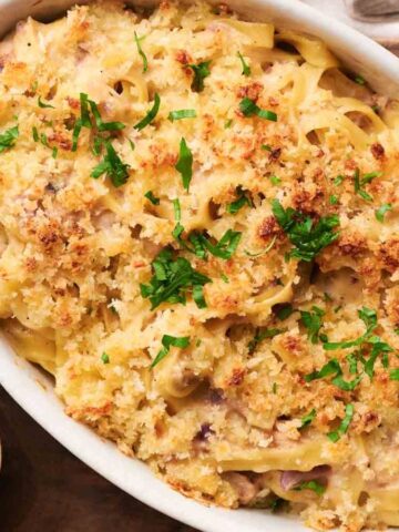 Top view of a tuna noodle casserole.