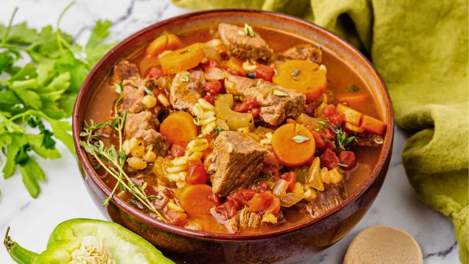 Close up image of vegetable beef stew in a bowl.