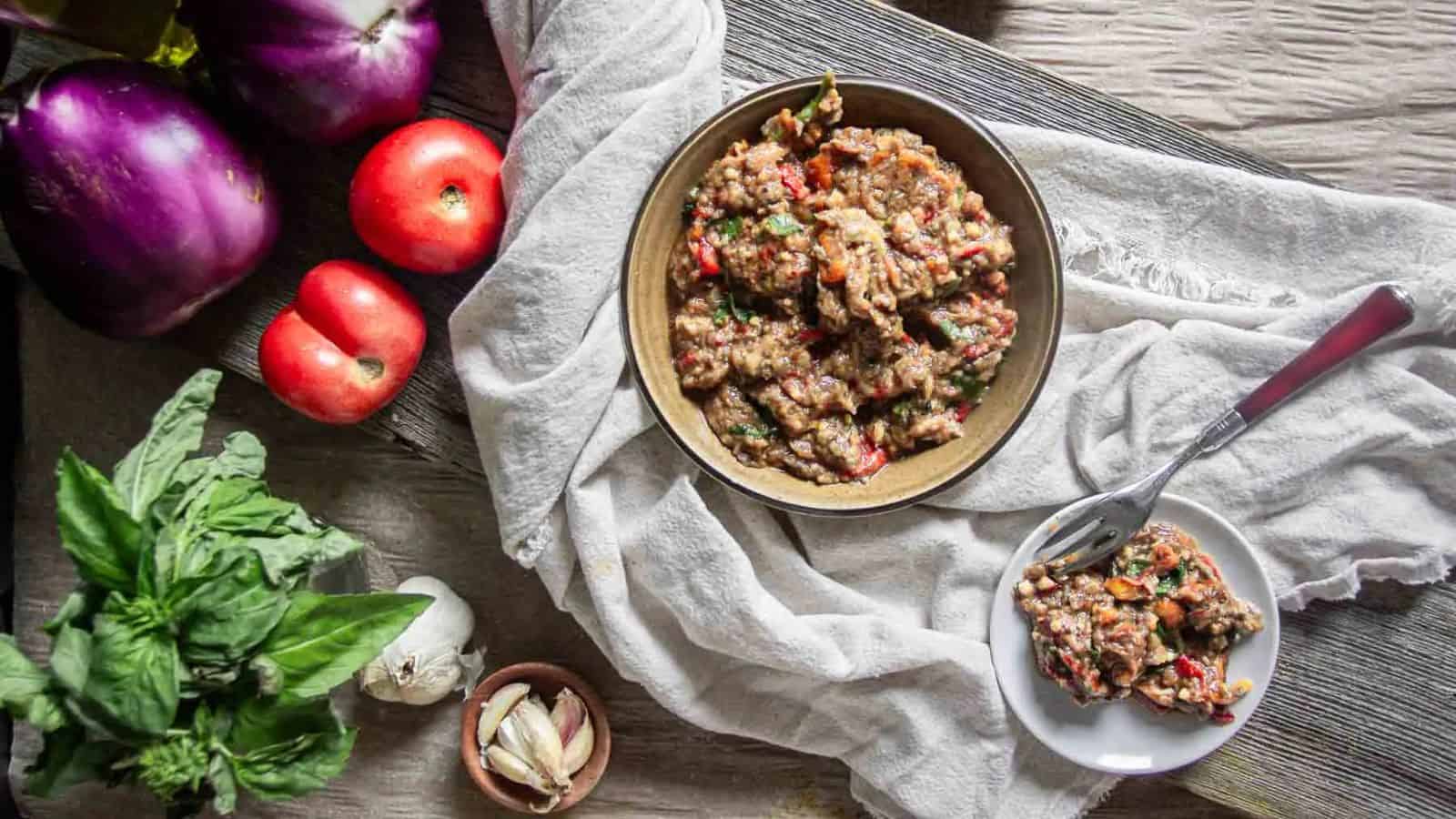 Zaalouk, a Moroccan eggplant dip on a plate.