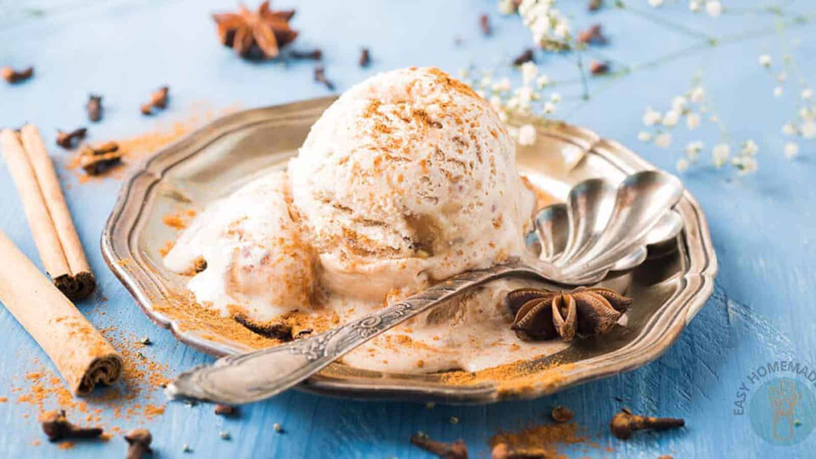 Chai Ice Cream on a silver plate.