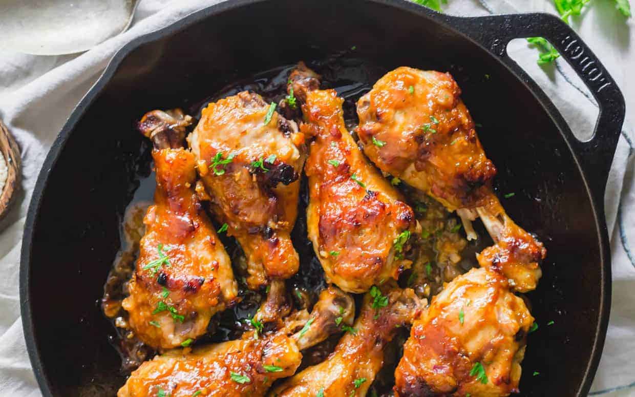 Maple miso chicken in cast iron skillet.