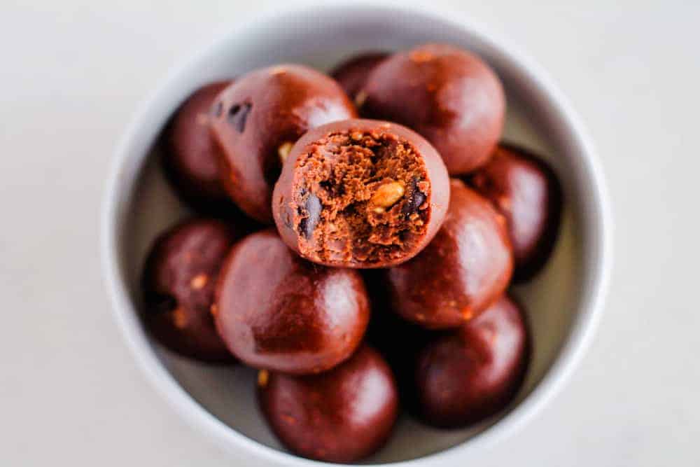 A bowl of no bake brownie bites.