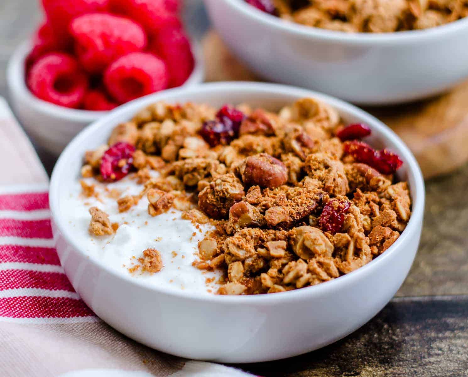 A bowl of protein granola on top of yogurt and garnished with fresh berries.