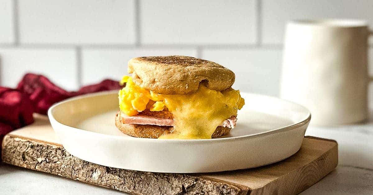 Side view of turkey egg and cheese sandwich on a white plate.