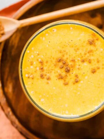 A top view of 5-Ingredient Pumpkin Banana Smoothie.