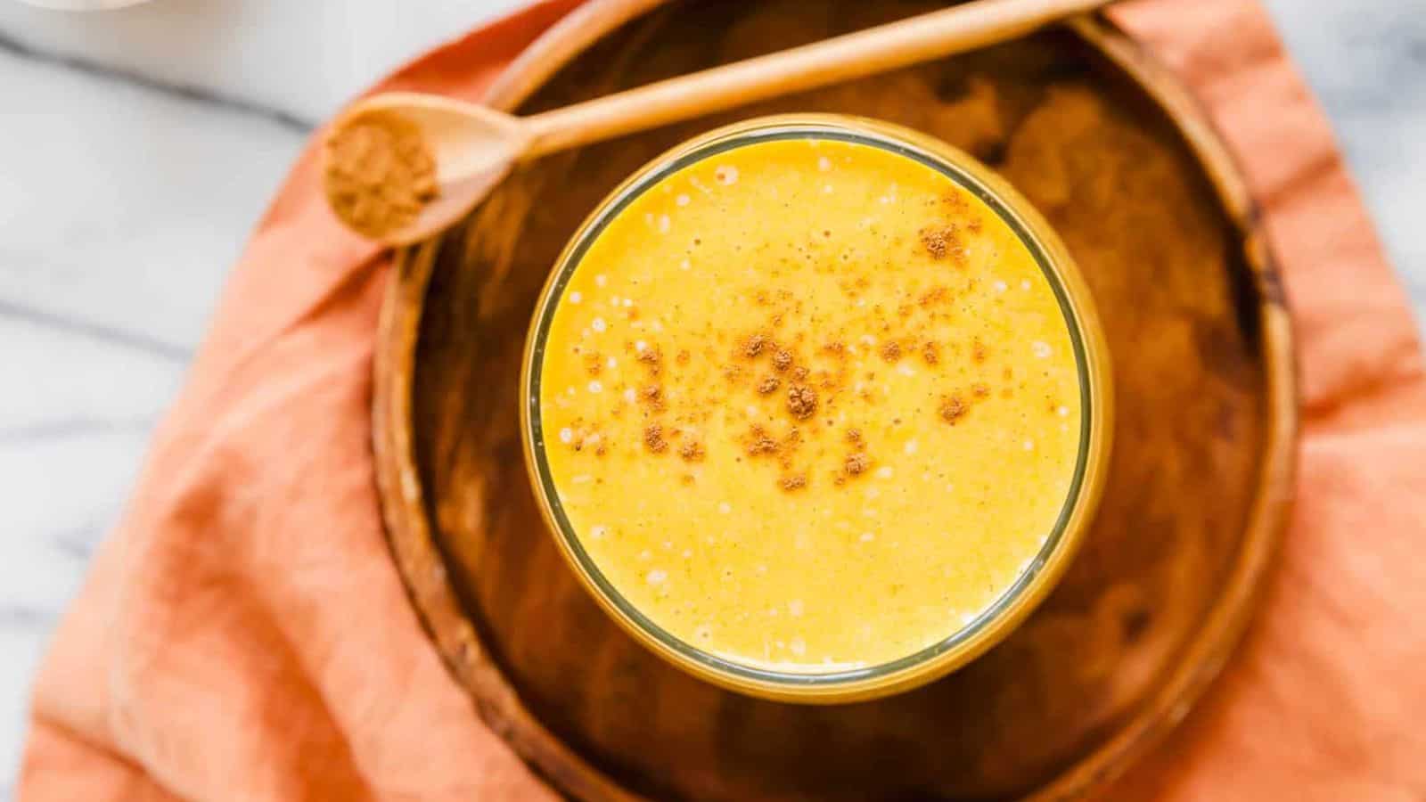 A top view of 5-Ingredient Pumpkin Banana Smoothie.