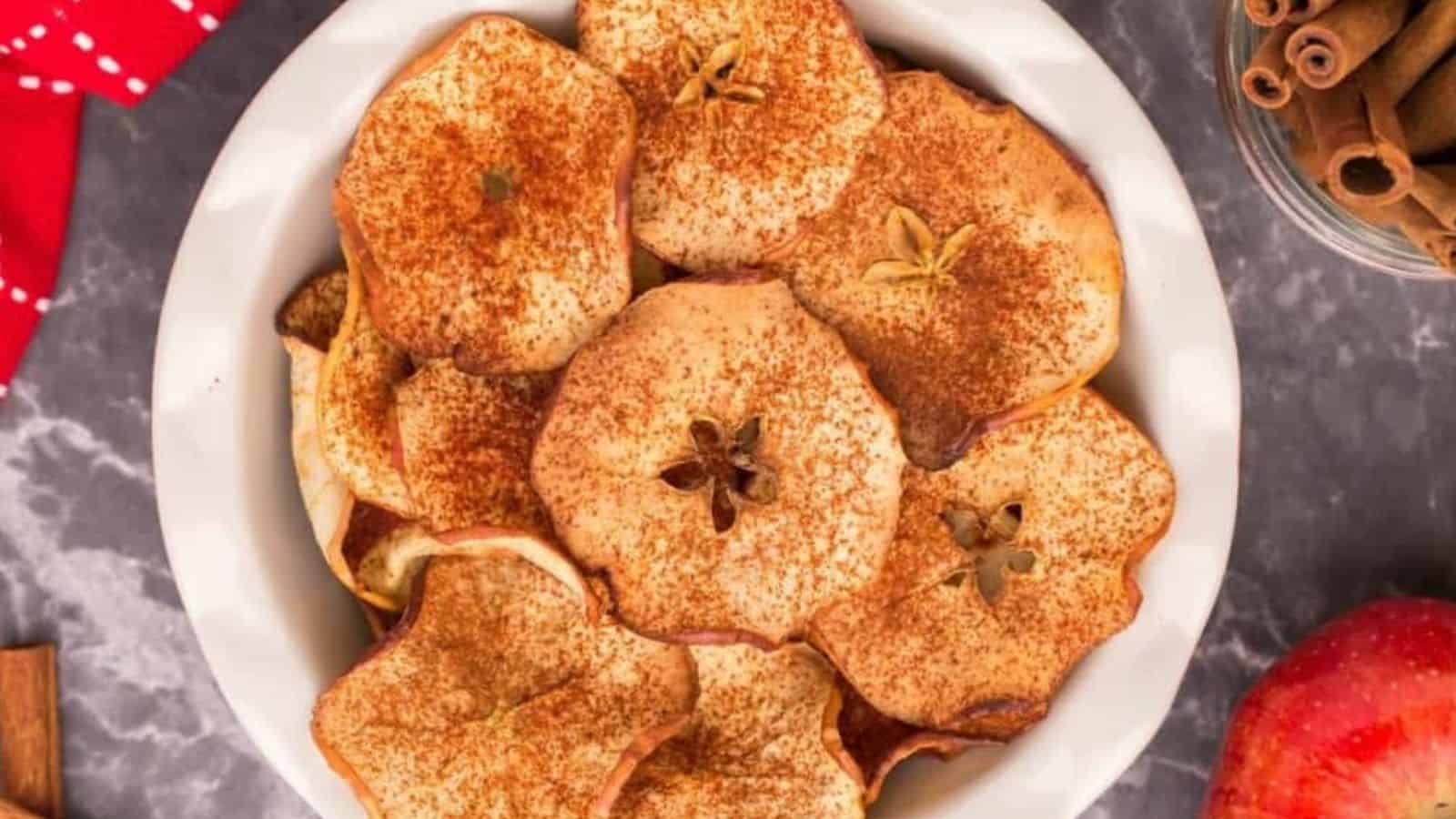 Overhead image of air fryer apple chips.