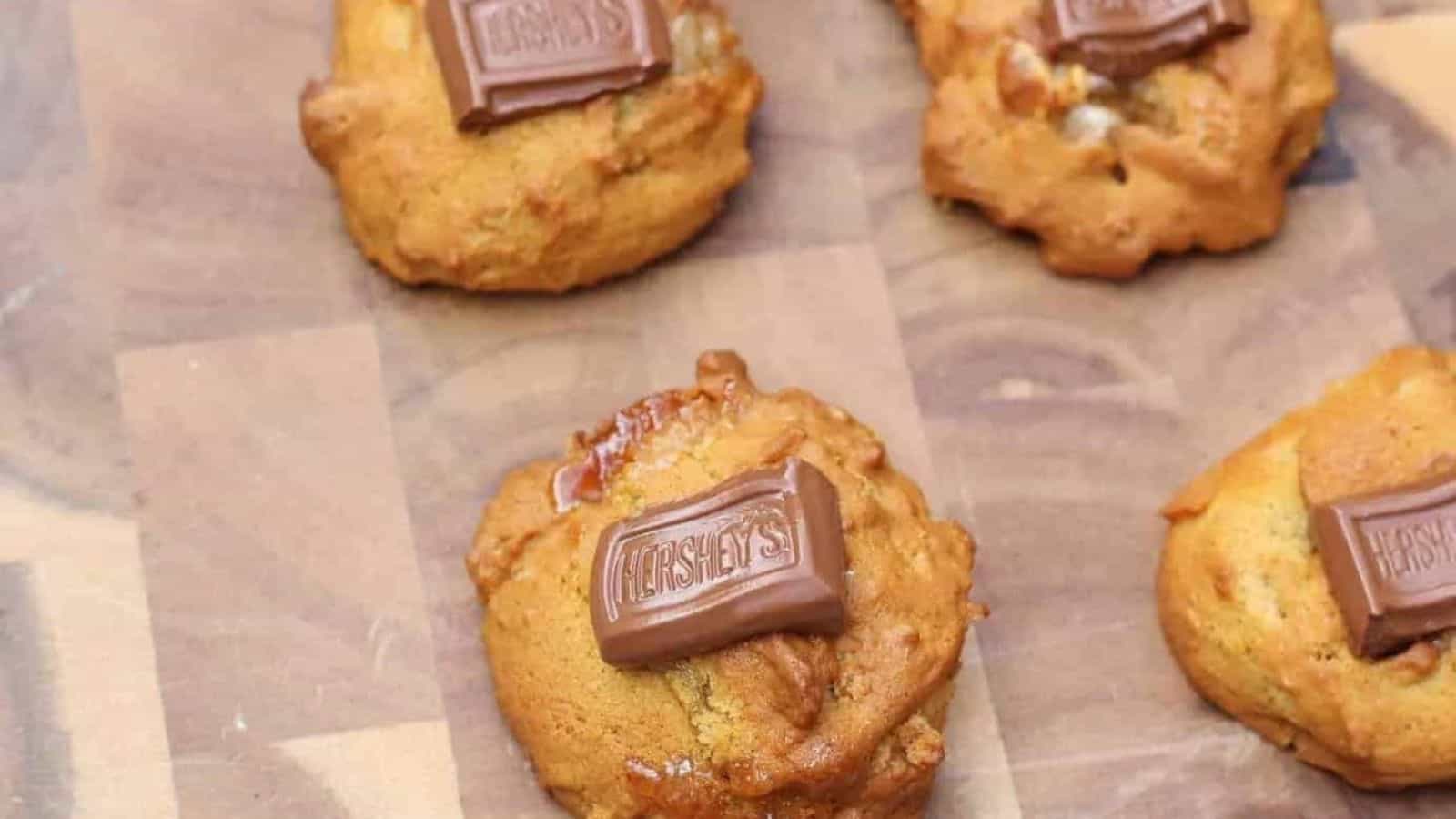 Wooden cutting board with cookies on top.