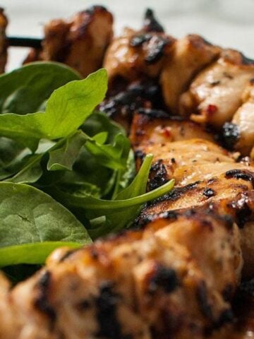 A close-up of Apple Cider Grilled Chicken Skewers with Gouda Cheese Sauce.