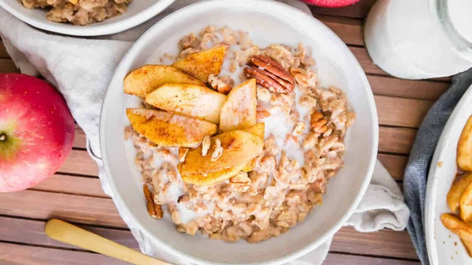 Overhead image of apple cinnamon oatmeal in a bowl.