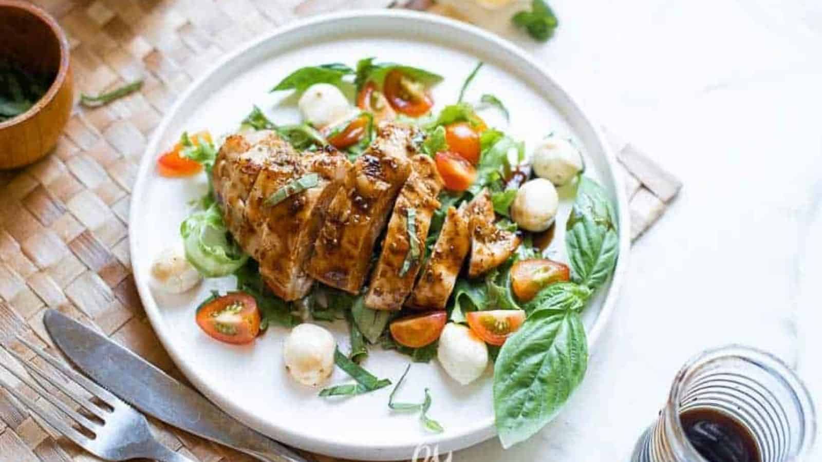 Caprese Salad on a white plate.