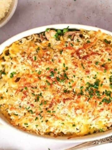 Overhead image of best tuna casserole in a dish.