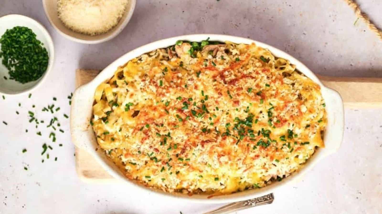 Overhead image of best tuna casserole in a dish.