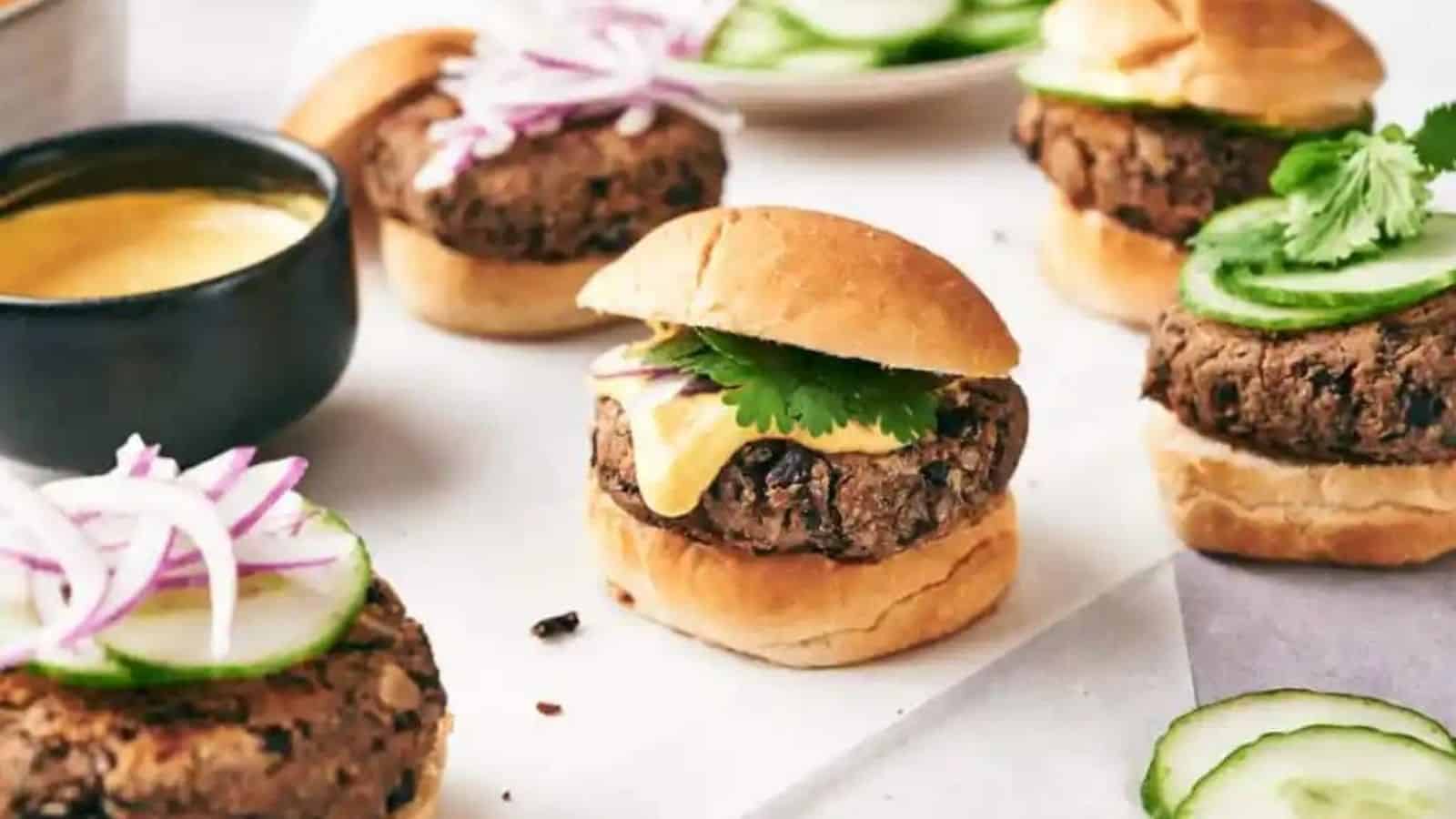 Black bean sliders with cheese and greens.