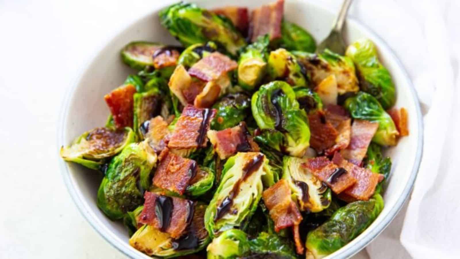 A bowl of Blackstone Brussel Sprouts with Bacon.