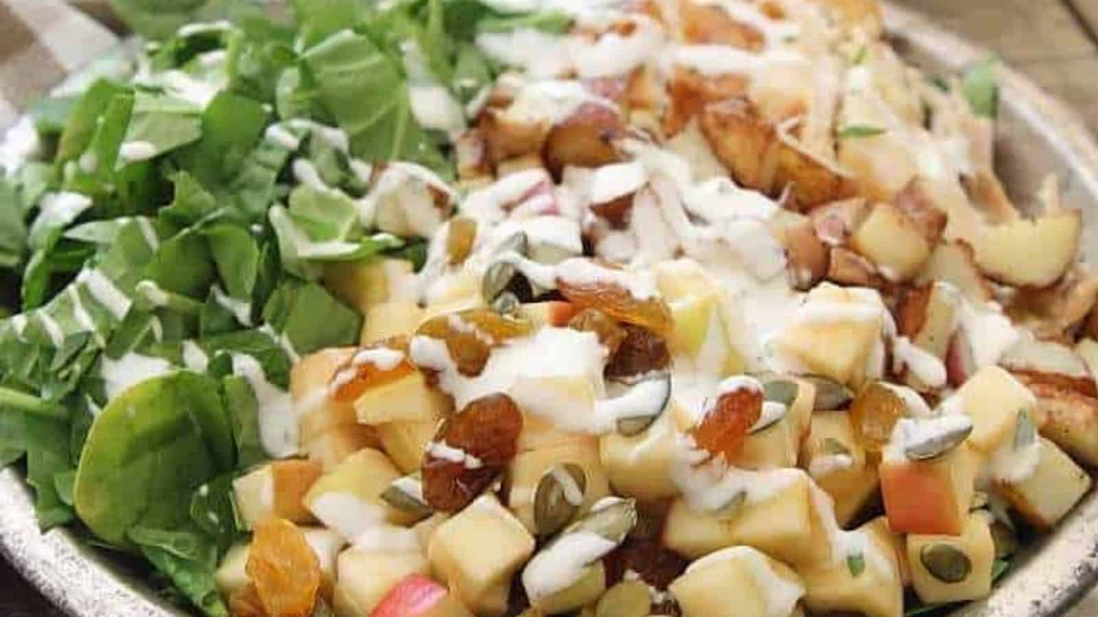 Close-up image of blue cheese chicken potato and apple salad.