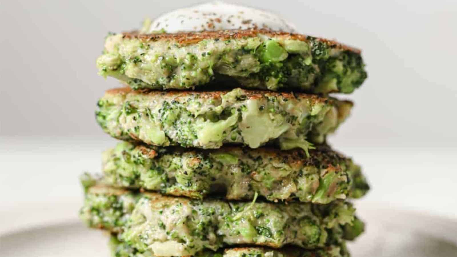 A stack of broccoli fritters on a plate.