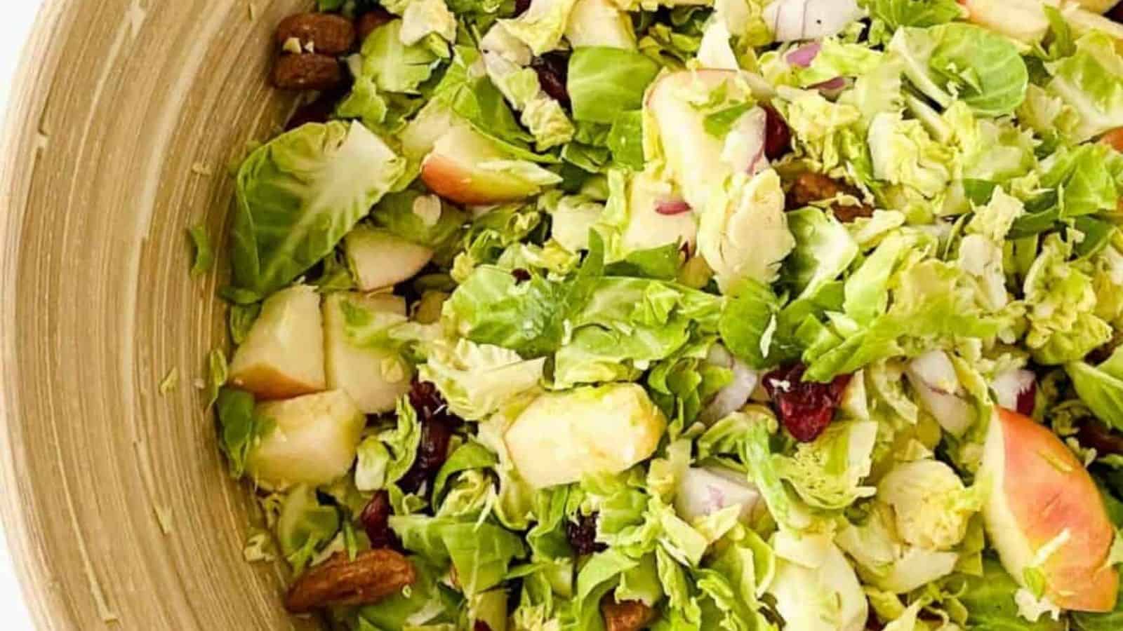 Close-up image of brussel sprout salad with maple dressing.